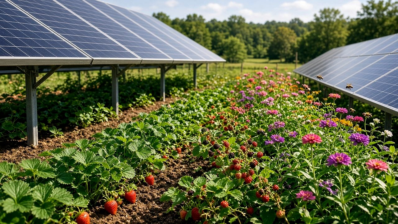 Cane berries and cut flowers under and beside solar arrays
