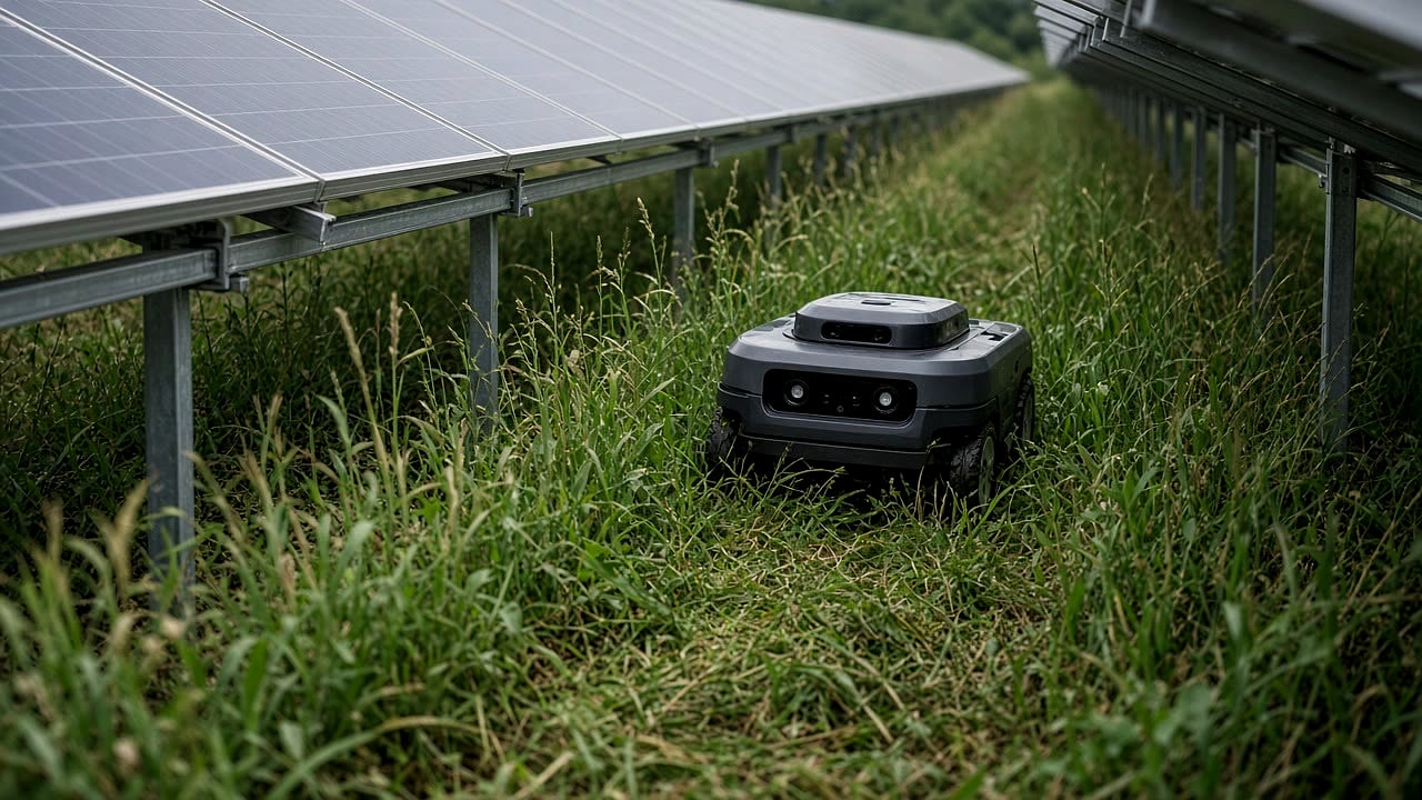 Autonomous robot mower cutting residual vegetation between solar panel rows